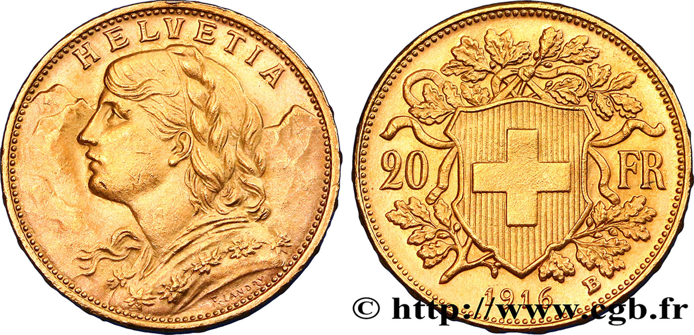 SCHWEIZ 20 Francs or  Vreneli   1916 Berne VZ 