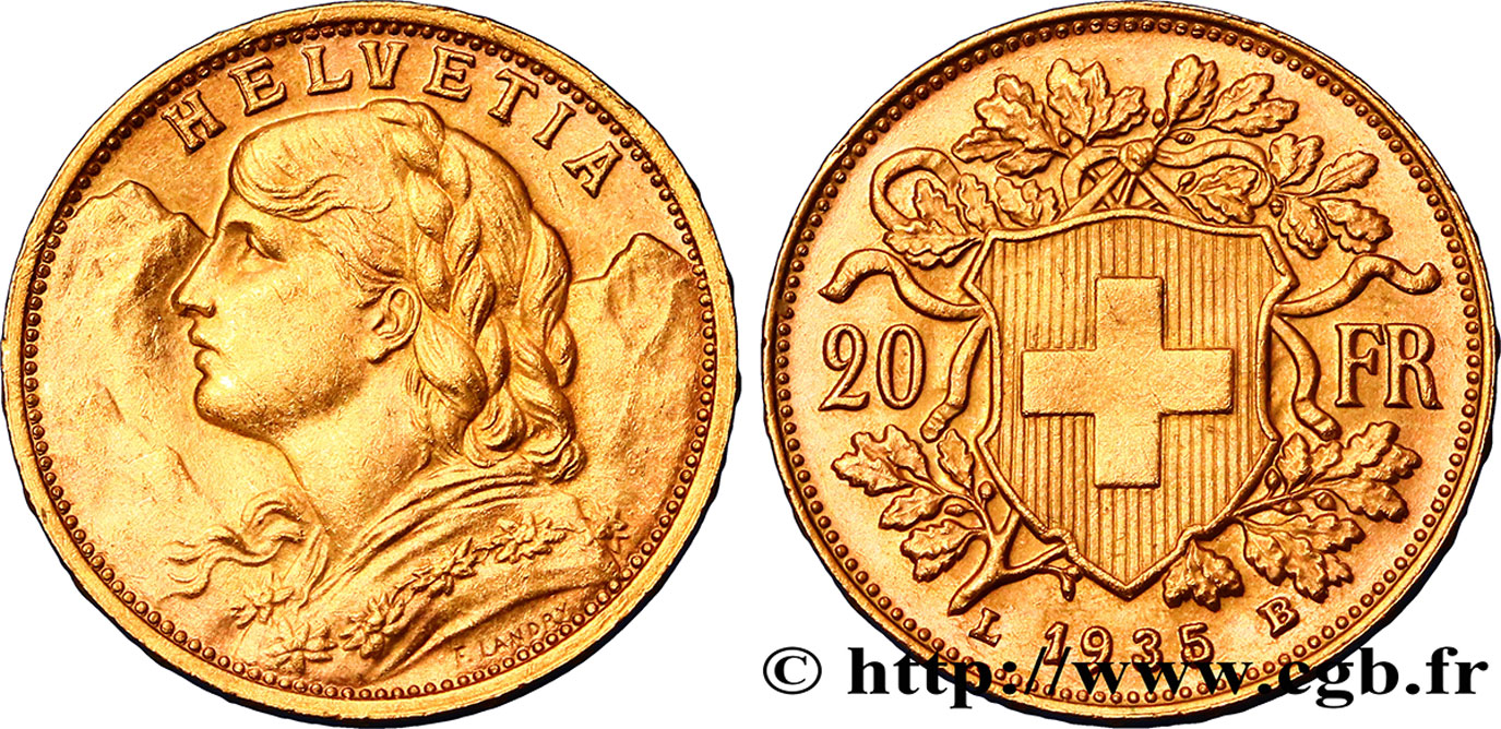 SCHWEIZ 20 Francs or  Vreneli   1935 Berne VZ 