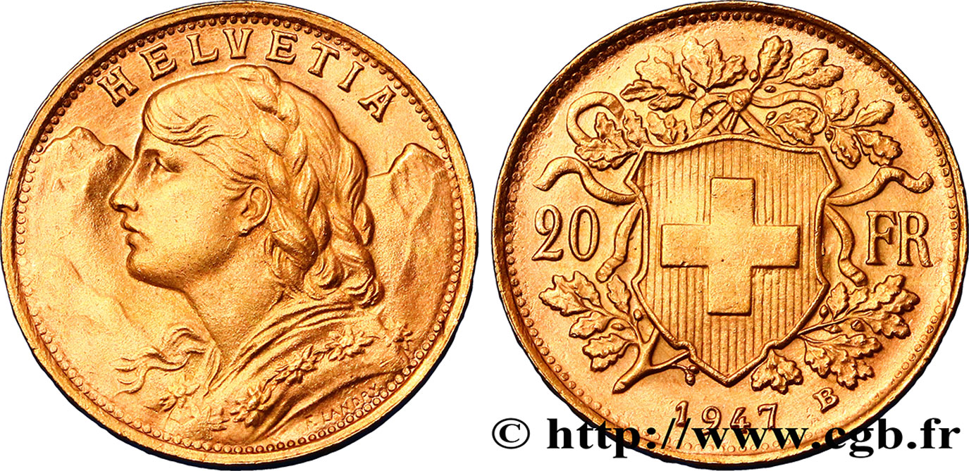 SWITZERLAND 20 Francs or  Vreneli  1947 Berne AU 