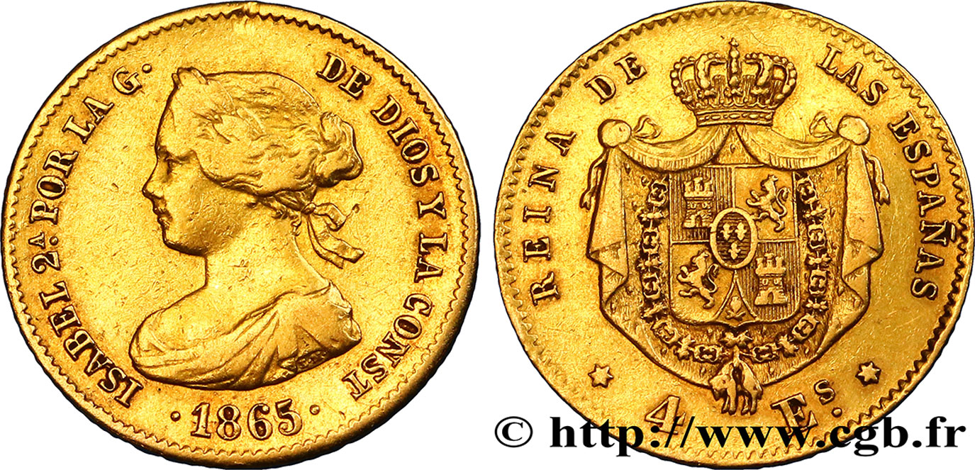 SPAIN 4 Escudos Isabelle II 1865 Madrid XF 