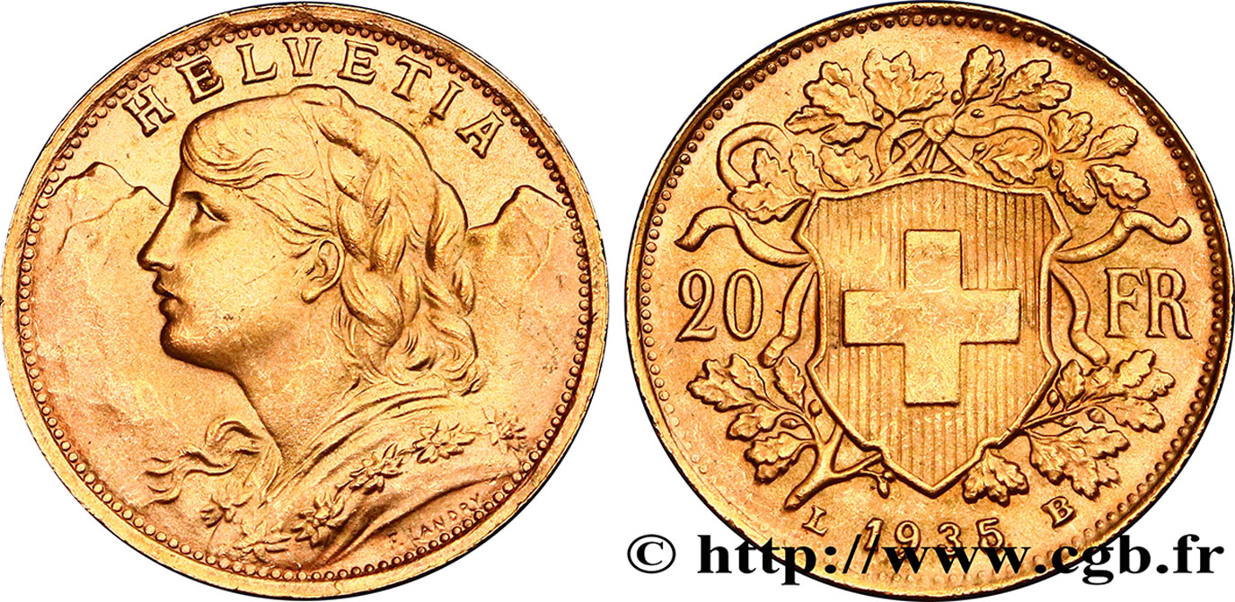 SWITZERLAND 20 Francs or  Vreneli   1935 Berne AU 