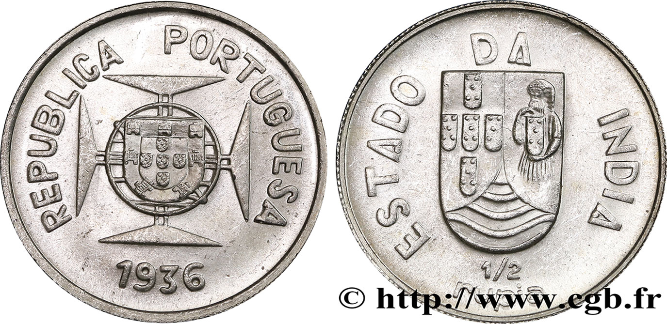 PORTUGUESE INDIA 1/2 Roupie République Portugaise 1936  AU 