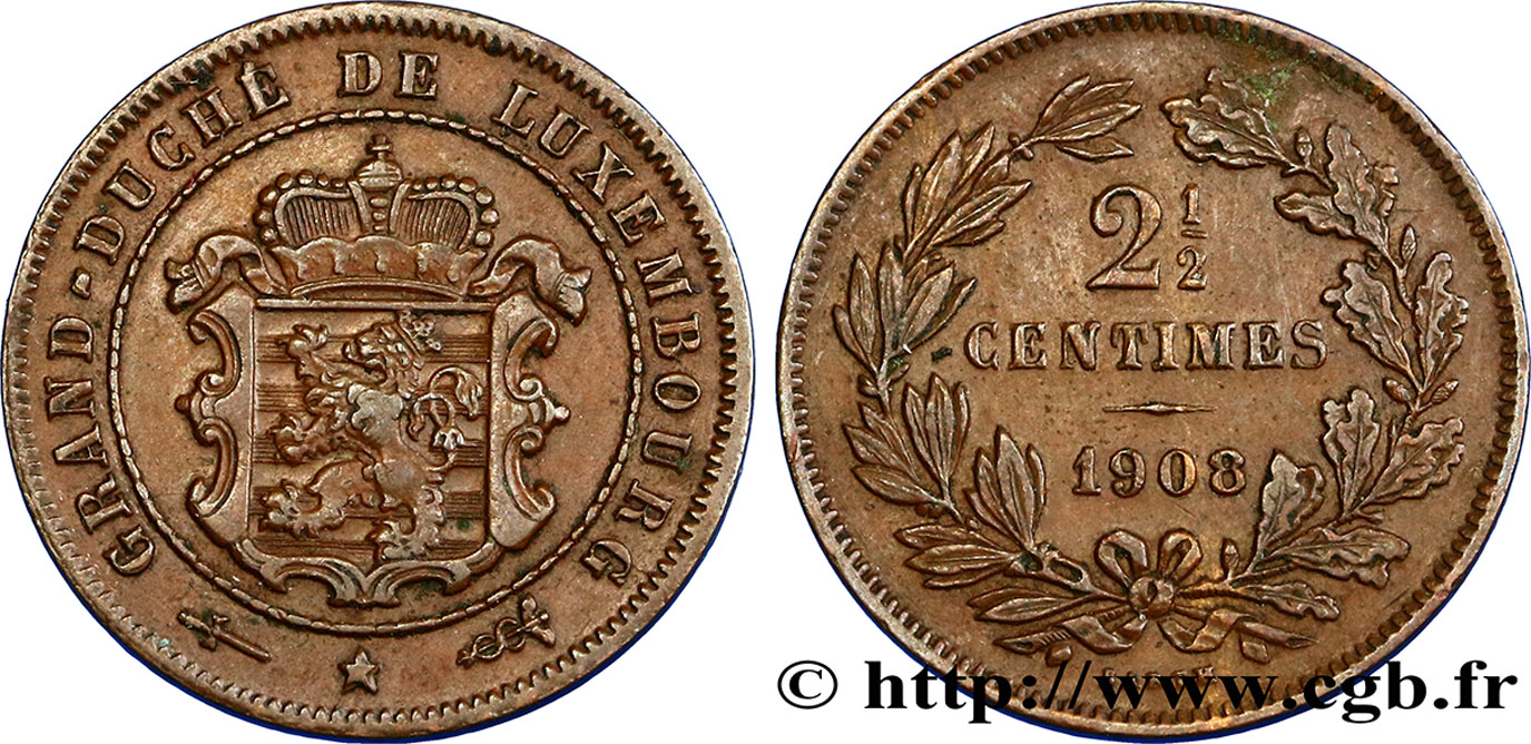 LUXEMBURGO 2 1/2 Centimes écu couronné 1908 Utrecht EBC 