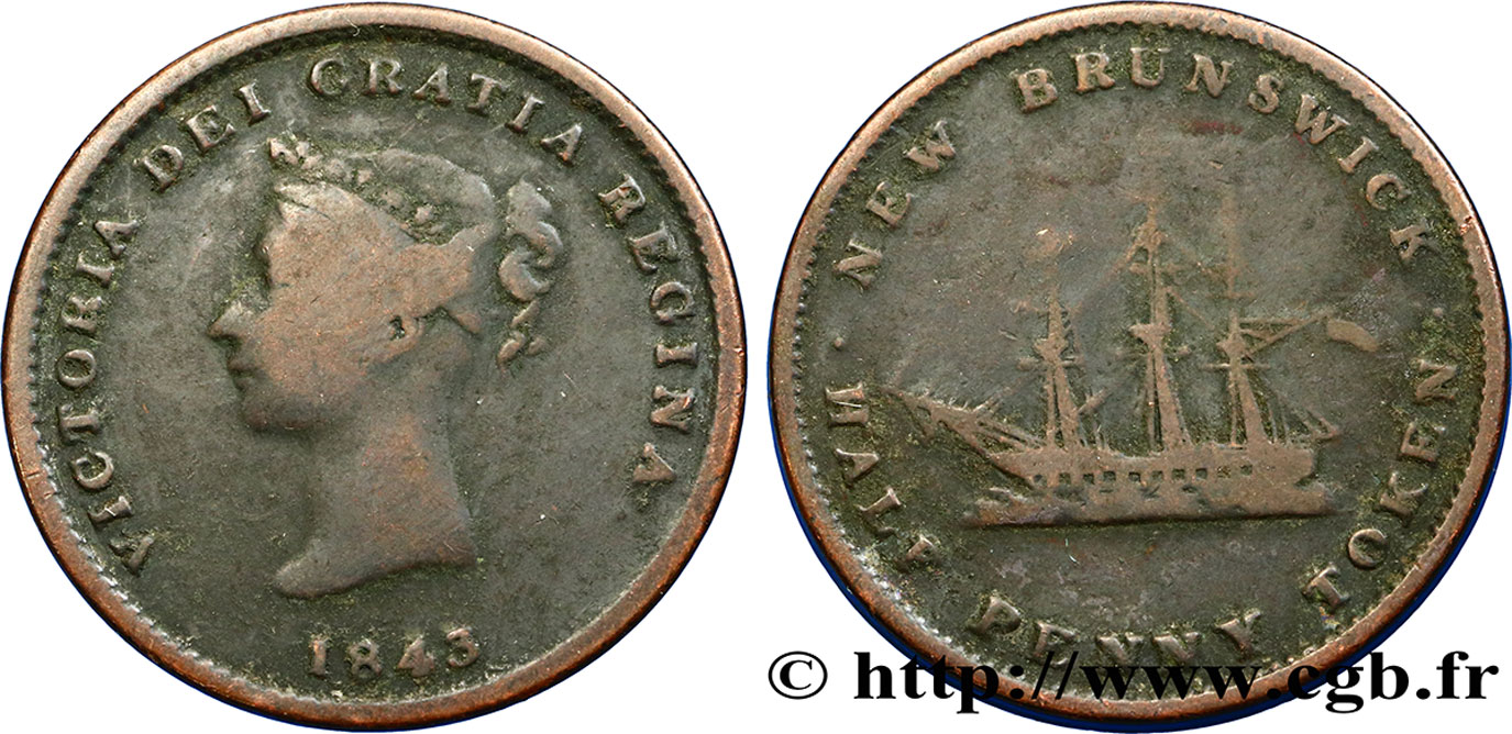 CANADA 1/2 Penny Nouveau Brunswick Victoria 1843  B+ 