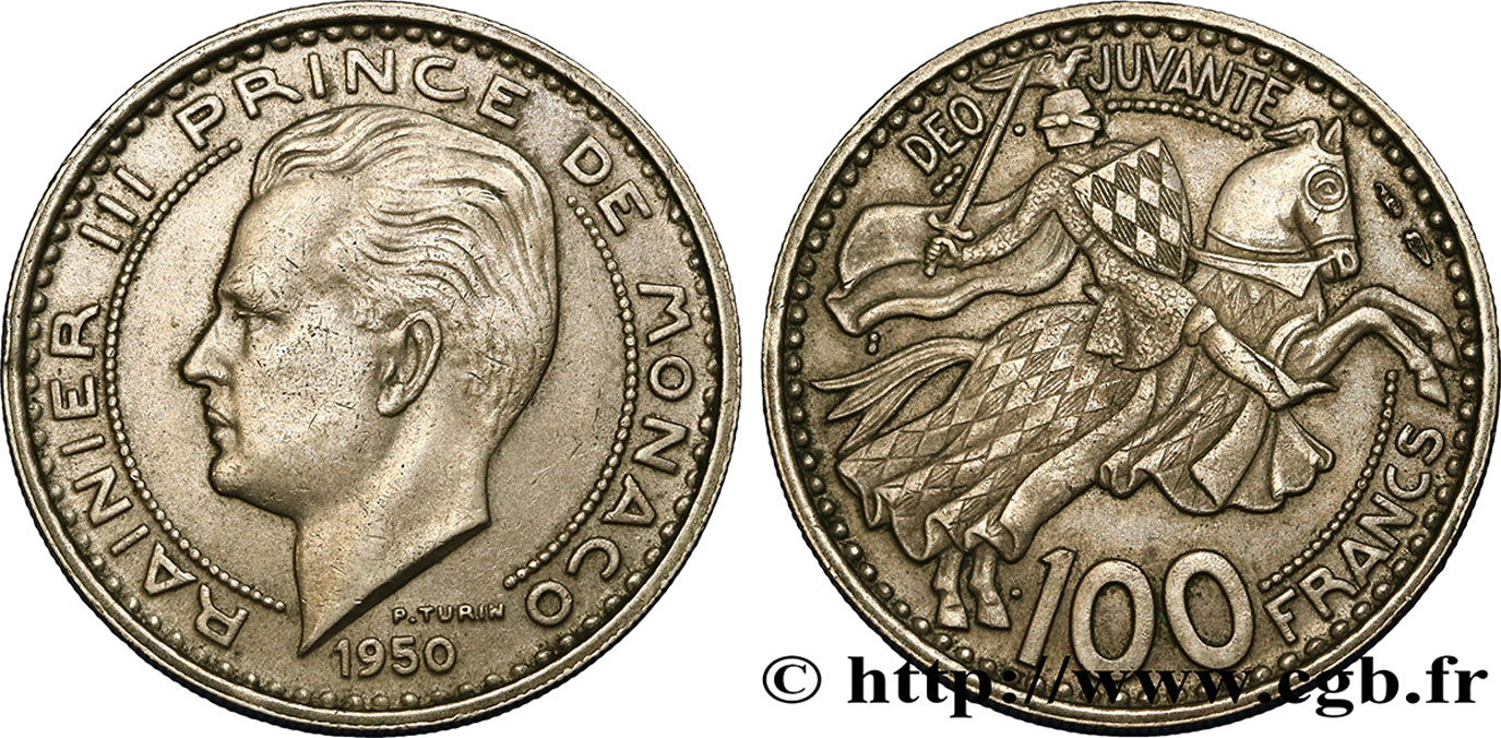 MONACO 100 Francs Rainier III / chevalier Grimaldi 1950 Paris fVZ 