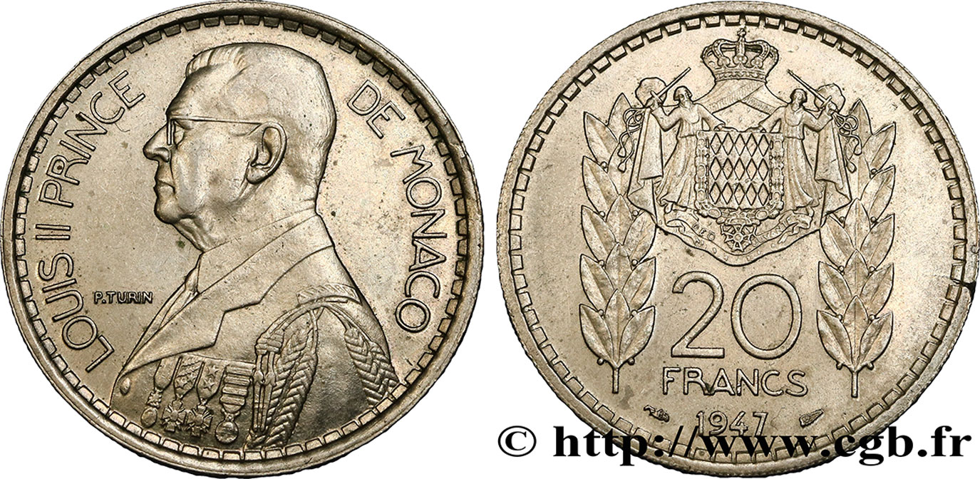 MONACO 20 Francs prince Louis II / armes 1947 Paris VZ 