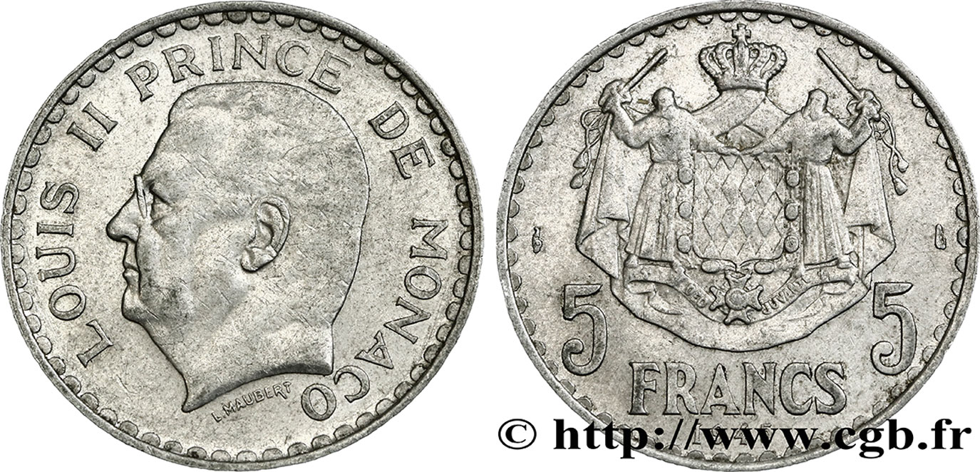 MONACO 5 Francs Louis II / armoiries 1945 Paris VZ 