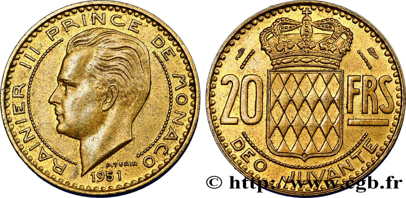MONACO 20 Francs Rainier III / écu couronné 1951 Paris EBC 