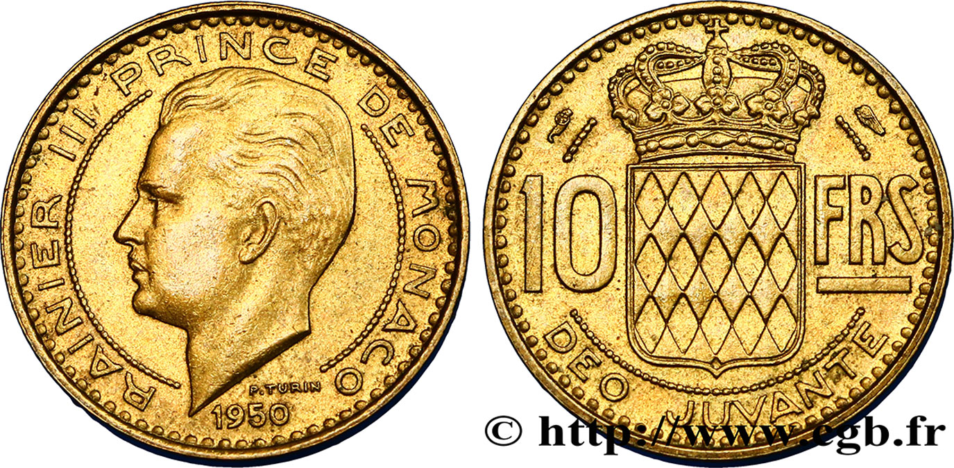 MONACO 10 Francs Rainier III / écu couronné 1950 Paris EBC 