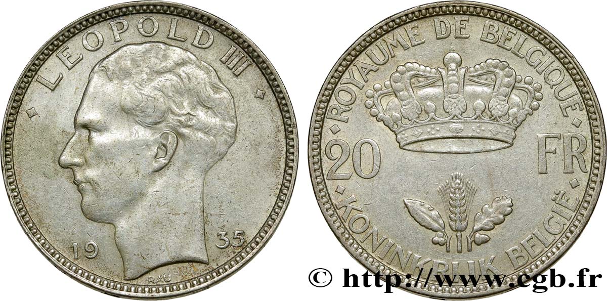 BELGIUM 20 Francs Léopold III 1935  XF 