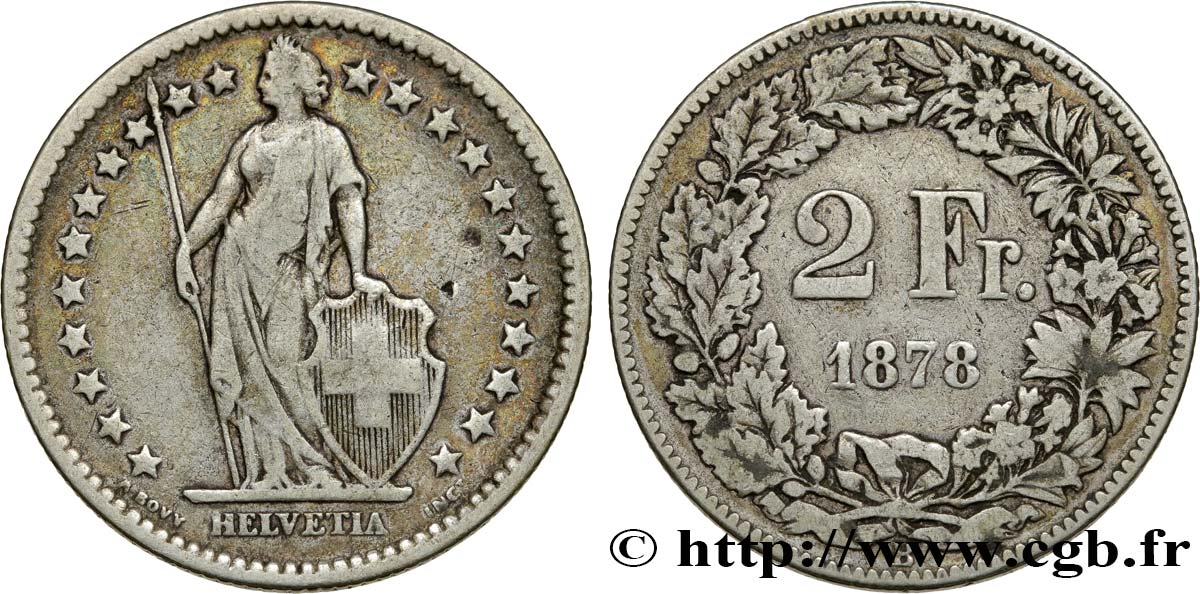 SCHWEIZ 2 Francs Helvetia 1878 Berne SS 