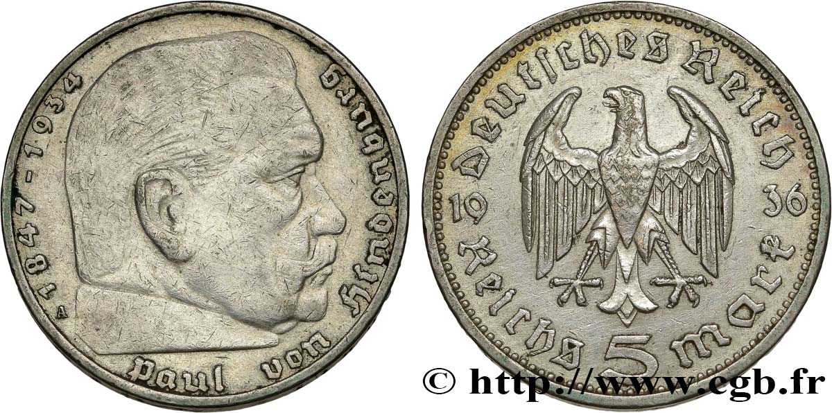 GERMANIA 5 Reichsmark Aigle / Maréchal Paul von Hindenburg 1936 Berlin BB 