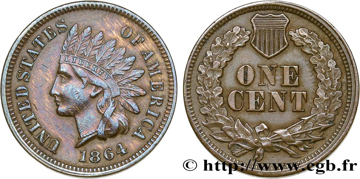UNITED STATES OF AMERICA 1 Cent tête d’indien 2e type 1864  XF 