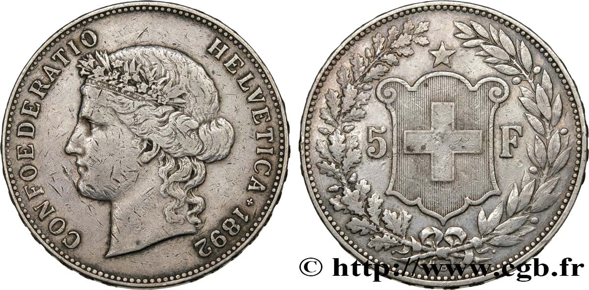 SWITZERLAND 5 Francs Helvetia 1892 Berne XF 