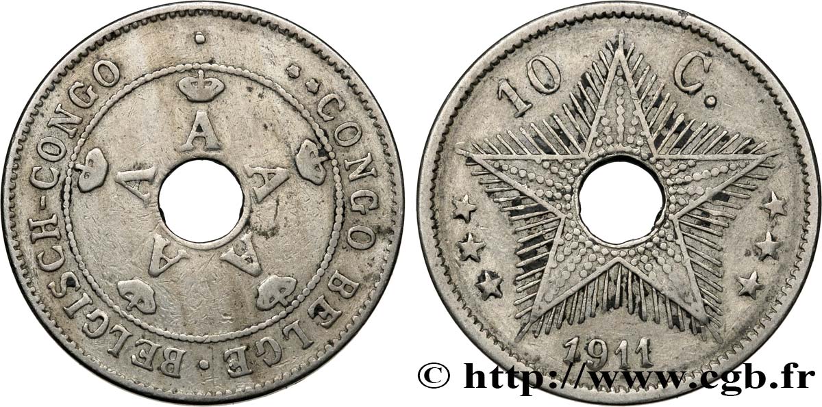 BELGIAN CONGO 10 Centimes monogramme A (Albert) couronné 1911  XF 