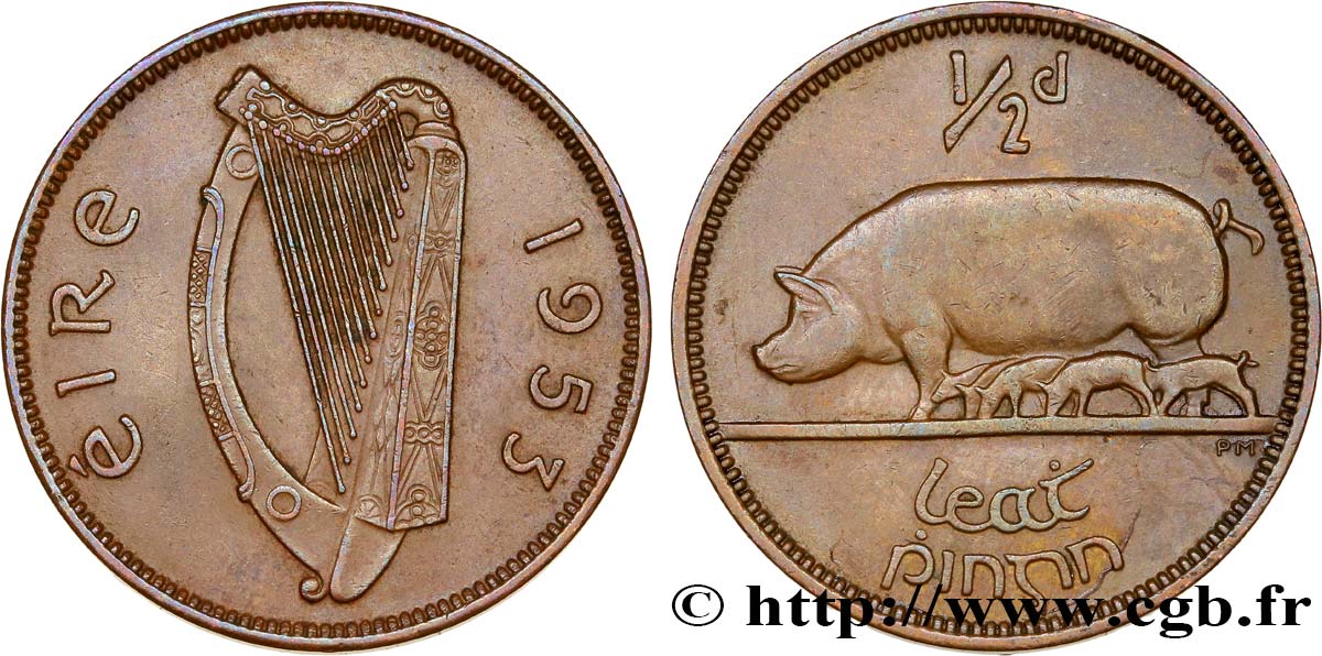 IRLANDE 1/2 Penny harpe / cochons 1953  TTB+ 