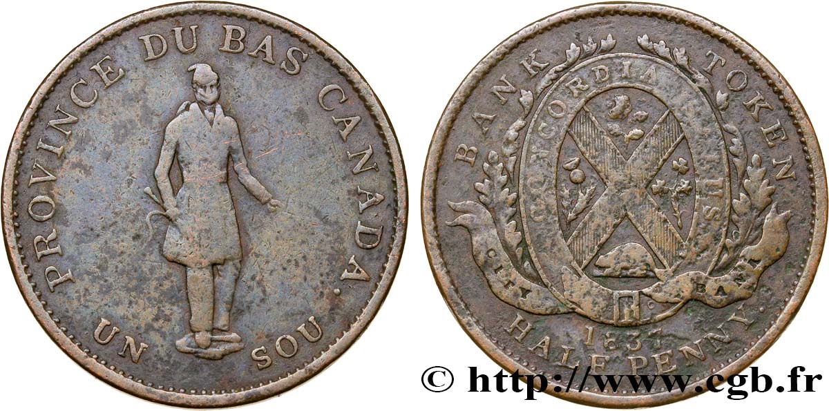 CANADA 1 Sous (1/2 Penny) Province du Bas Canada, Québec 1837 Boulton & Watt TB 