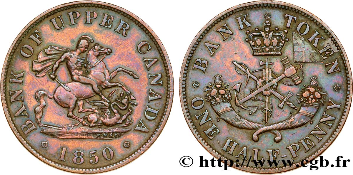 CANADA 1/2 Penny token Bank of Upper Canada 1850 Heaton TTB+ 