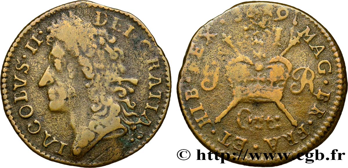 IRLANDE 1 Shilling Jacques II frappée pour le mois d’octobre 1689  TB 