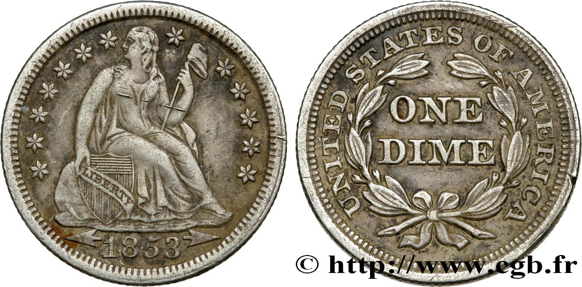 ÉTATS-UNIS D AMÉRIQUE 1 Dime (10 Cents) Liberté assise variété avec date encadrée par des flèches 1853 Philadelphie TTB 