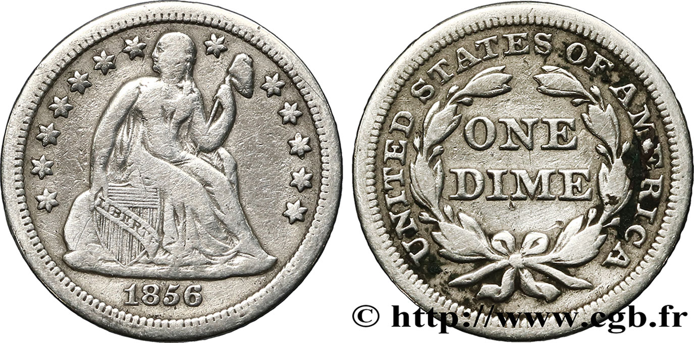 ÉTATS-UNIS D AMÉRIQUE 1 Dime (10 Cents) Liberté assise 1856 Philadelphie TB 