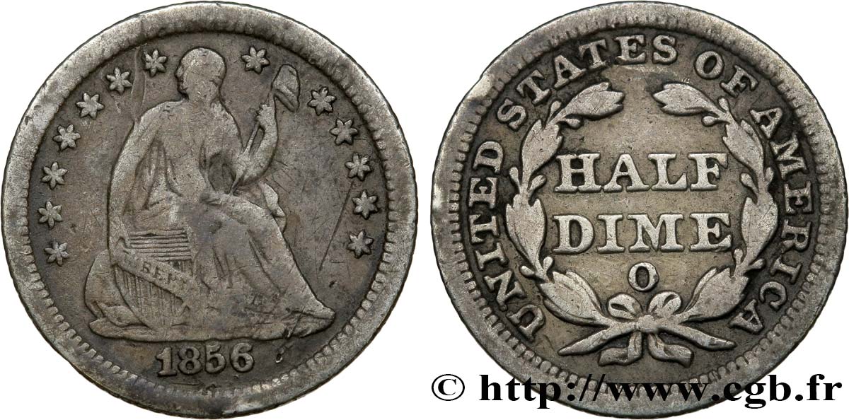 ESTADOS UNIDOS DE AMÉRICA 1/2 Dime (5 Cents) Liberté assise variété avec draperie 1856 Nouvelle-Orléans - O BC 