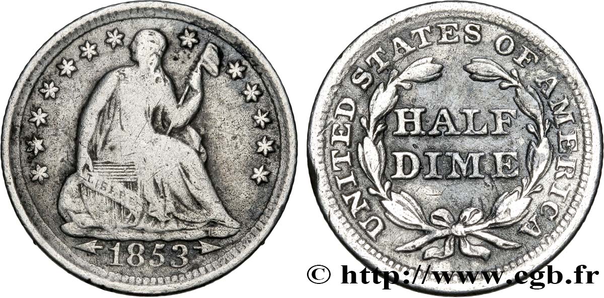 ESTADOS UNIDOS DE AMÉRICA 1/2 Dime Liberté assise variété avec date encadrée par des flèches 1853 Philadelphie BC 