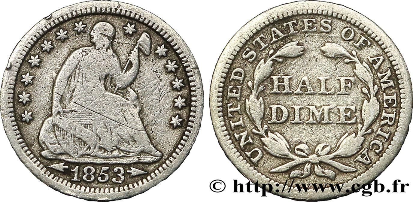 STATI UNITI D AMERICA 1/2 Dime Liberté assise variété avec date encadrée par des flèches 1853 Philadelphie q.MB 