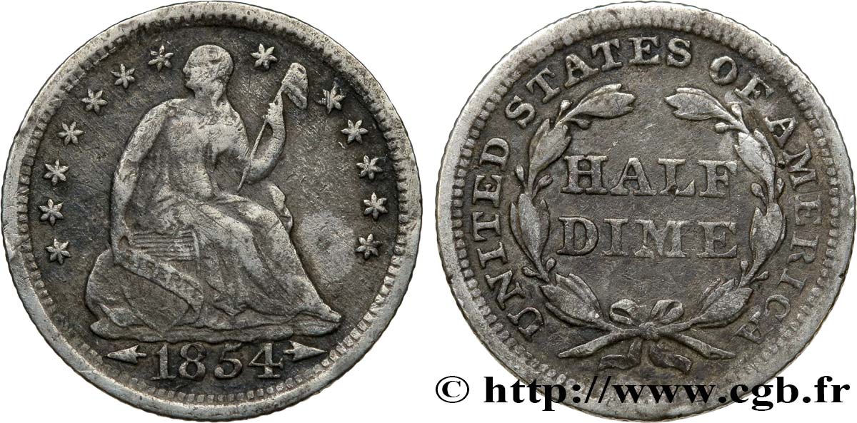 ESTADOS UNIDOS DE AMÉRICA 1/2 Dime Liberté assise variété avec date encadrée par des flèches 1854 Philadelphie BC 