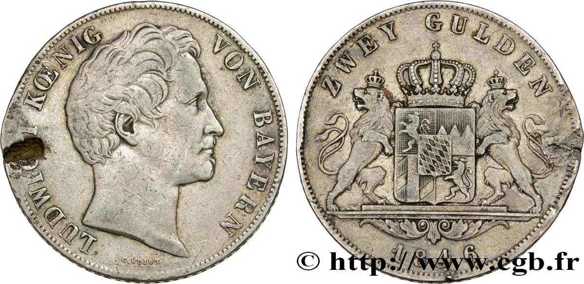 ALEMANIA - BAVIERA 2 Gulden Louis Ier 1846 Munich BC+ 
