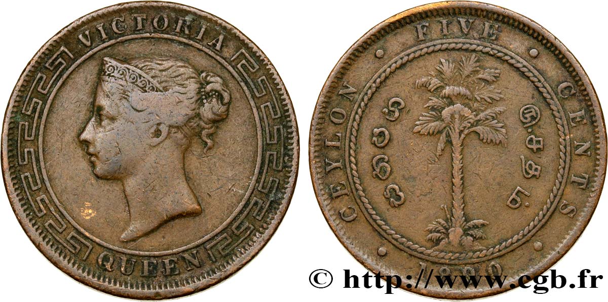 CEYLAN 5 Cents Victoria 1890  TB 