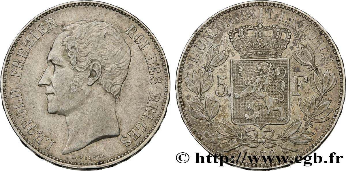 BELGIQUE 5 Francs Léopold Ier 1850  TTB+ 