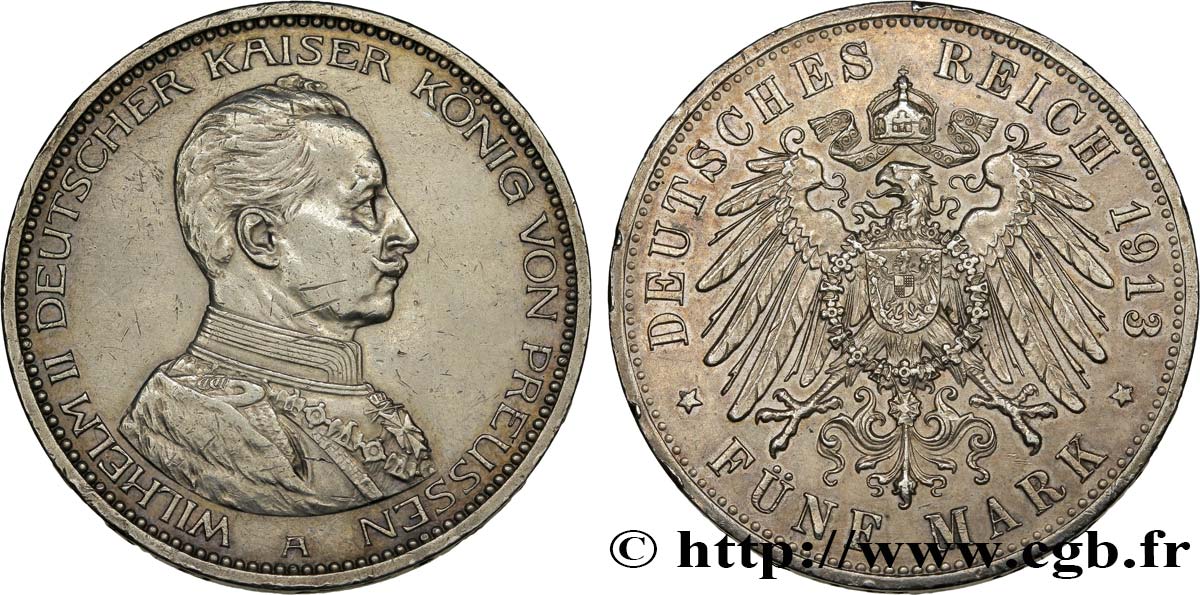 GERMANIA - PRUSSIA 5 Mark Guillaume II 1913 Berlin q.SPL 
