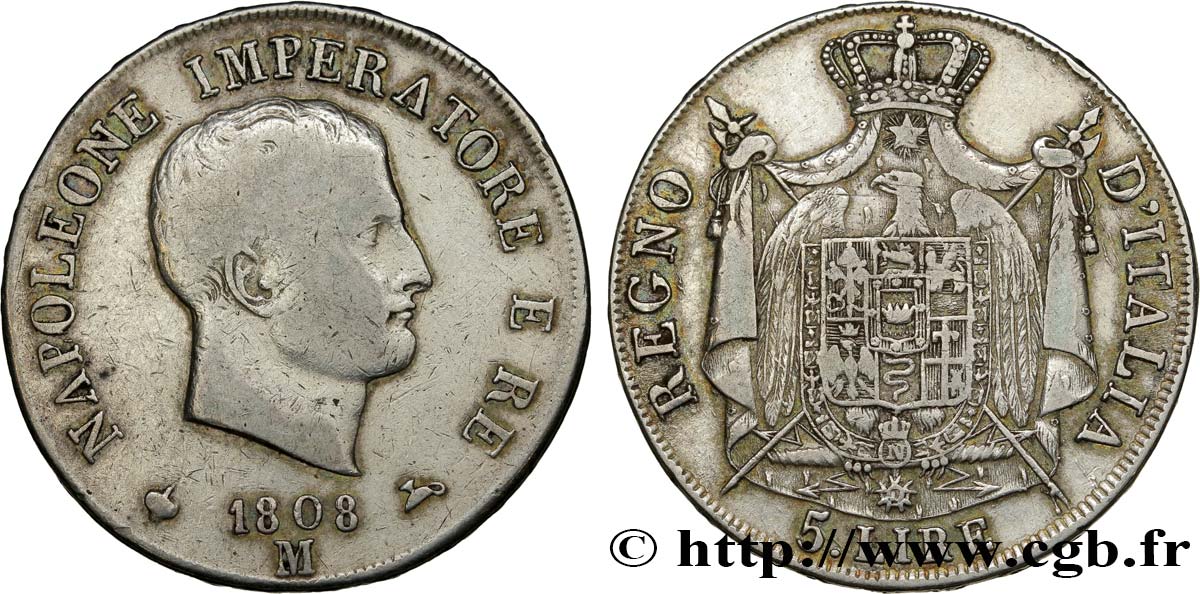 ITALIA - REINO DE ITALIA - NAPOLEóNE I 5 Lire 1808 Milan BC+ 