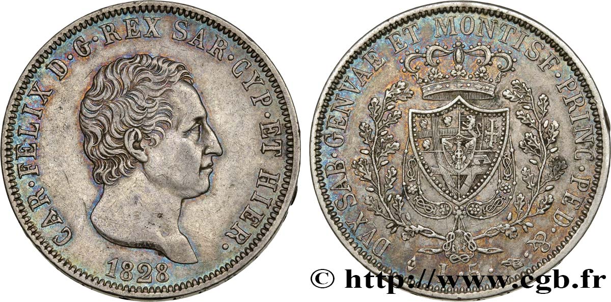ITALIEN - KÖNIGREICH SARDINIEN 5 Lire Charles-Félix 1828 Turin fVZ 