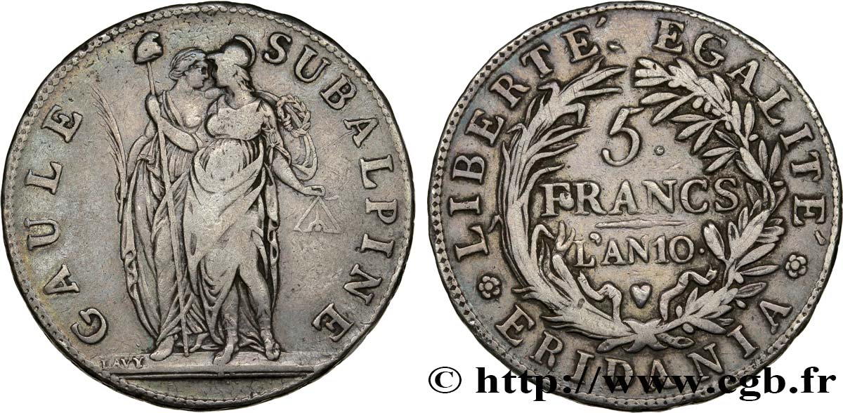ITALIA - GALLIA SUBALPINA 5 Francs an 10 1802 Turin BC+/MBC 