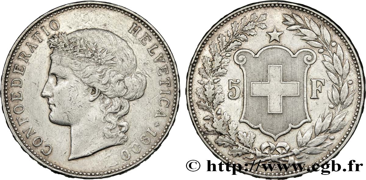 SWITZERLAND 5 Francs Helvetia 1900 Berne XF 
