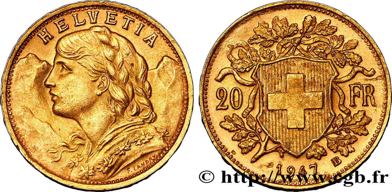SCHWEIZ 20 Francs or  Vreneli  1947 Berne VZ 
