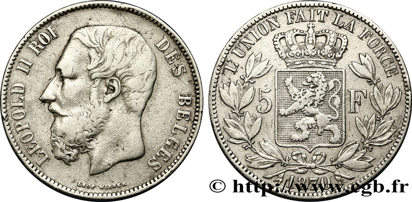 BÉLGICA 5 Francs Léopold II 1870  BC+ 