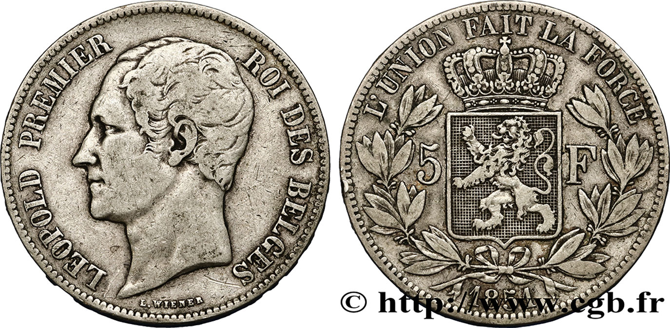 BÉLGICA 5 Francs Léopold Ier tête nue 1851  BC+ 