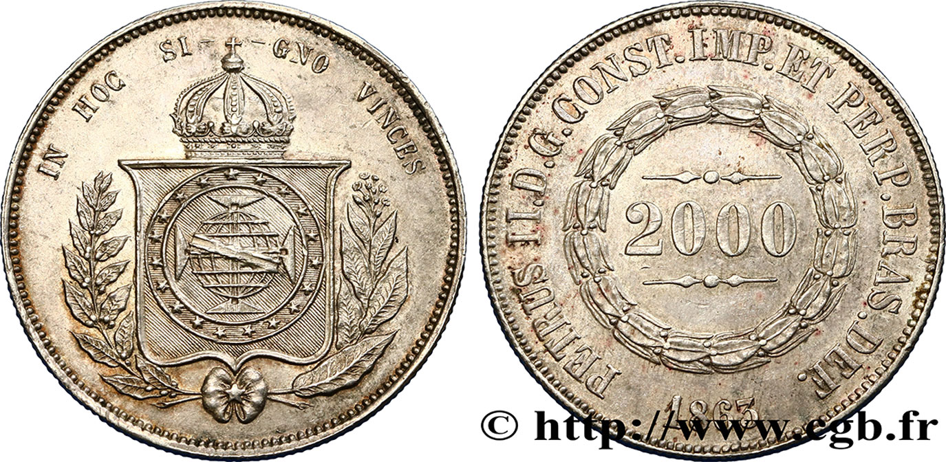 BRAZIL 2000 Reis Pierre II 1863  AU 