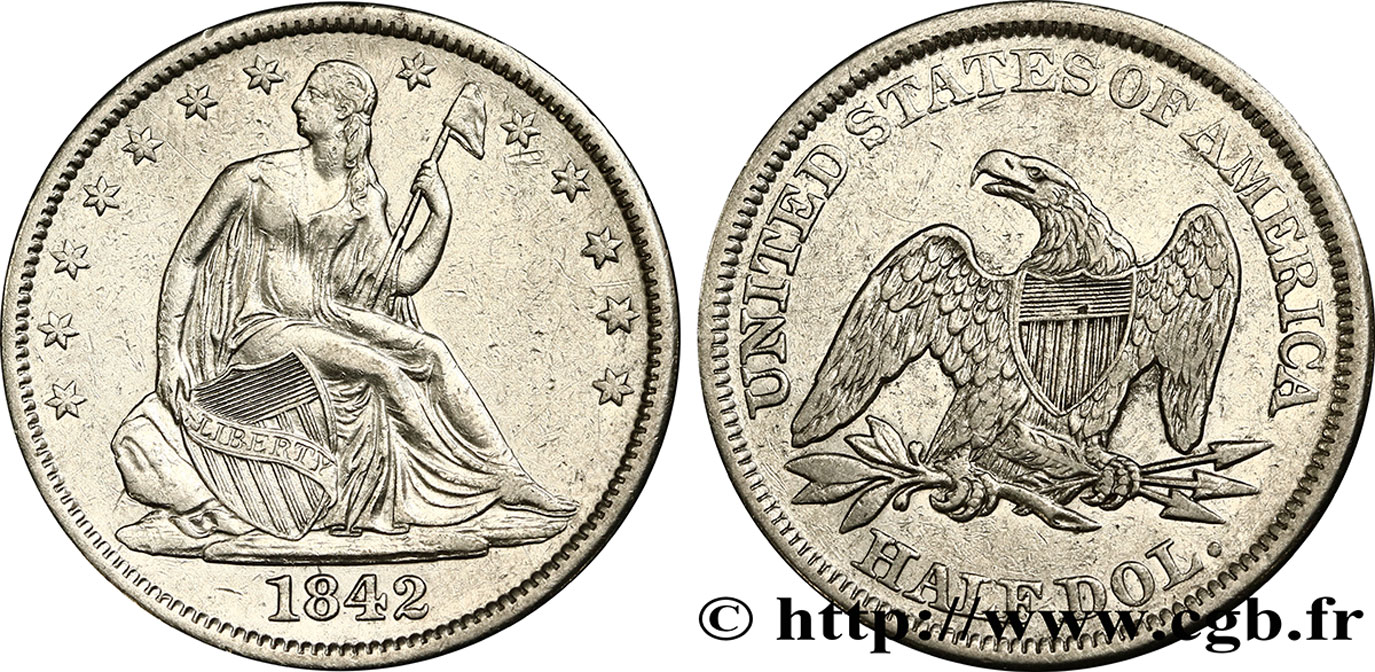UNITED STATES OF AMERICA 1/2 Dollar Seated Liberty 1842 Philadelphie XF 