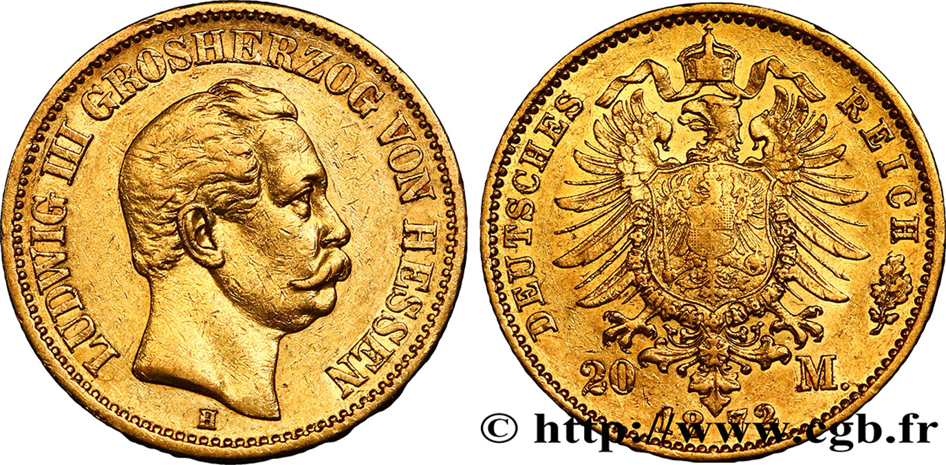 ALEMANIA - HESSE 20 Mark Louis III, 1er type 1872 Darmstadt MBC 