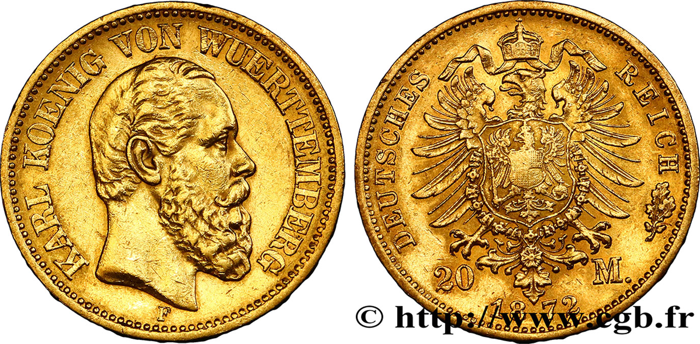 GERMANIA - WÜRTEMBERG 20 Mark or Charles Ier 1872 Stuttgart q.SPL 