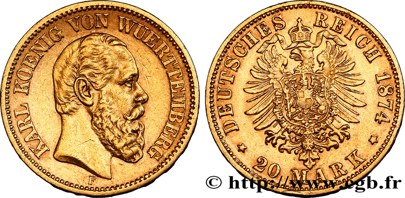 GERMANIA - WÜRTEMBERG 20 Mark Charles Ier, 2e type 1874 Stuttgart BB 