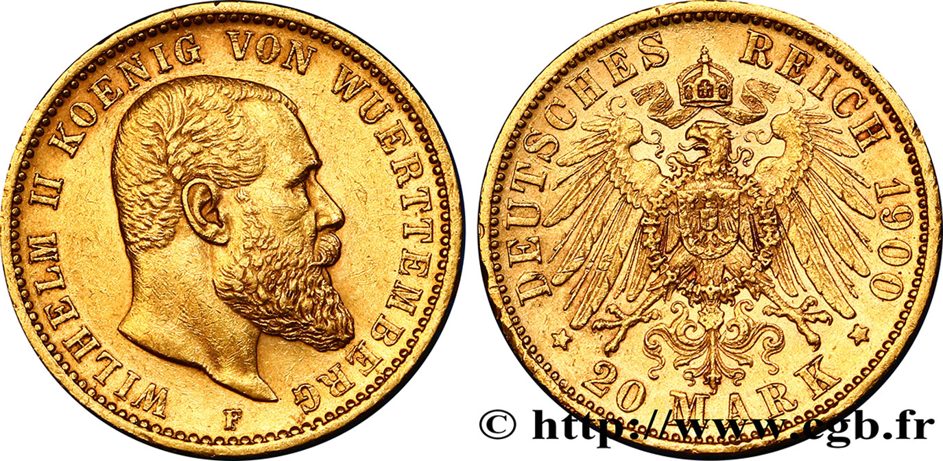 ALEMANIA - WURTEMBERG 20 Mark or Guillaume II 1900 Stuttgart EBC 
