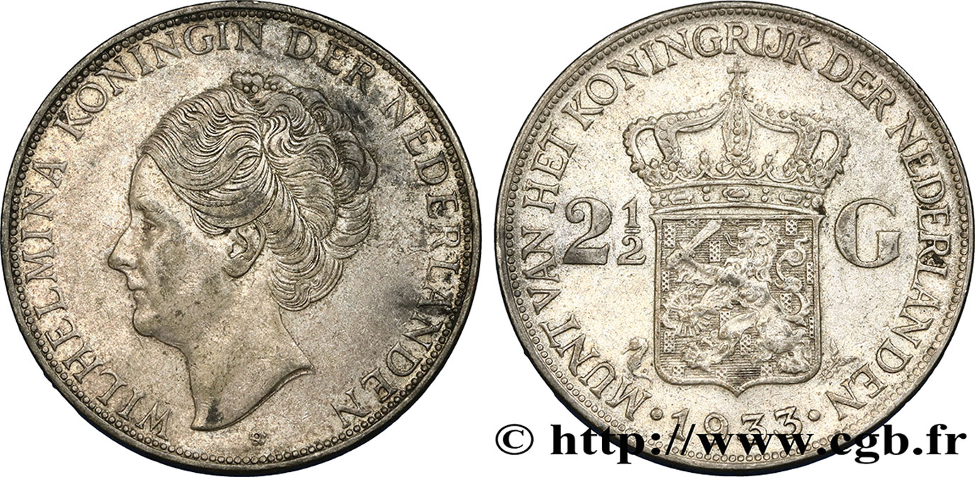 NETHERLANDS 2 1/2 Gulden Wilhelmina 1933  XF 