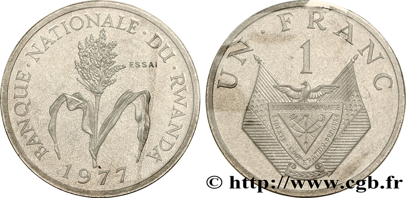 RUANDA Essai de 1 Franc emblème / mil 1977 Paris ST 