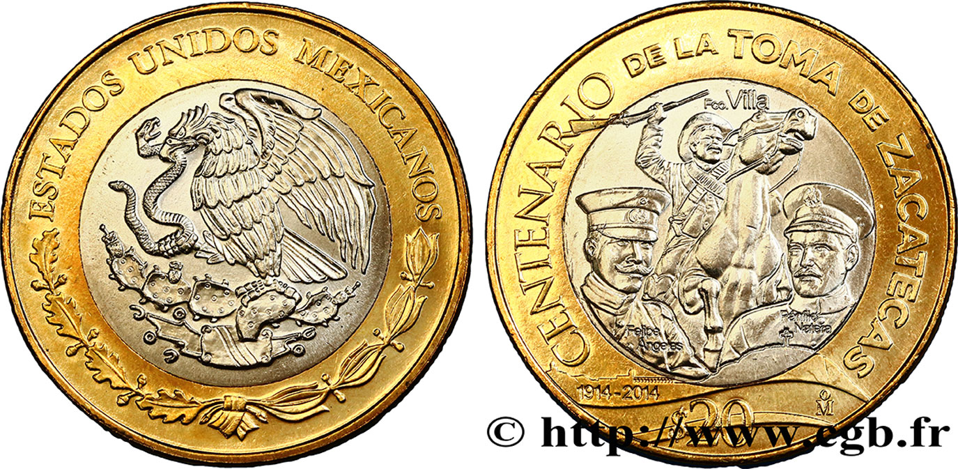 MEXIQUE 20 Pesos centenaire de la prise de Zacatecas 2014  SPL 