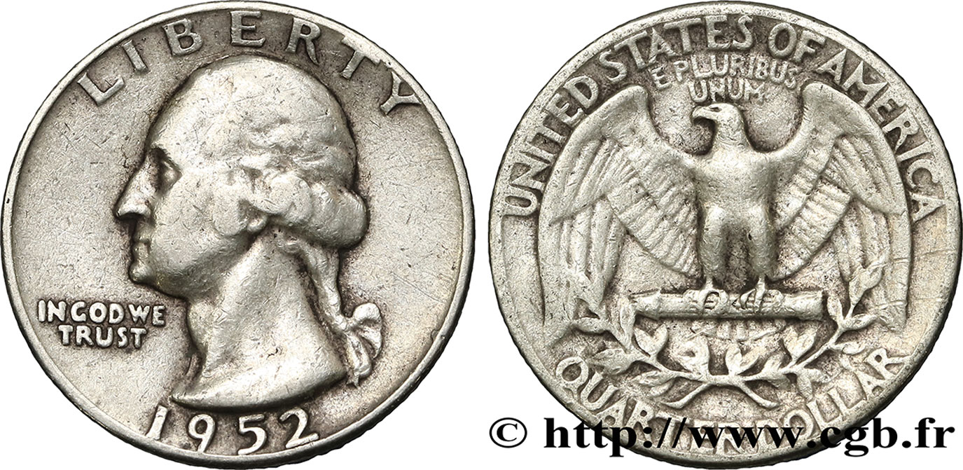 ÉTATS-UNIS D AMÉRIQUE 1/4 Dollar Georges Washington 1952 Philadelphie TB+ 
